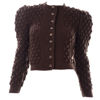 Vintage Handknit Brown Wool Cardigan Bubble Sweater 70s