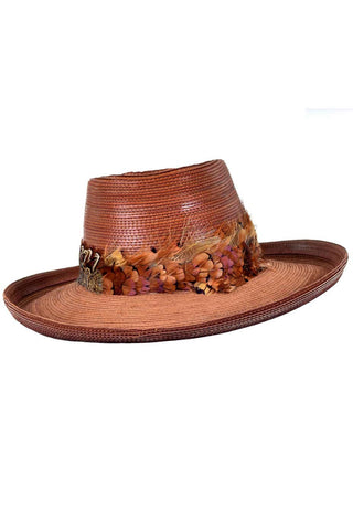 Vintage Patricia Underwood Brown Leather Hat with Feather Trim