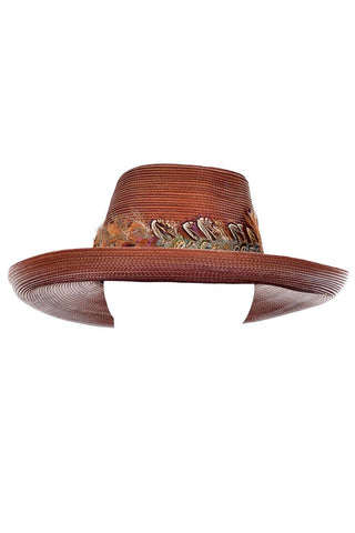 Vintage Patricia Underwood Brown Leather Hat with Feather Trim Unique