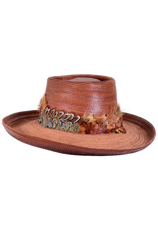 Vintage Patricia Underwood Brown Leather Hat with Feather Trim Topstitching