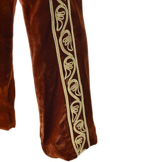 Detail of Afghanistan vintage gold embroidery on velvet 1960s pants 