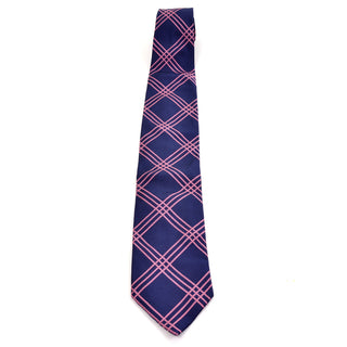 Burberry London vintage blue silk men's tie with pink plaid stripes