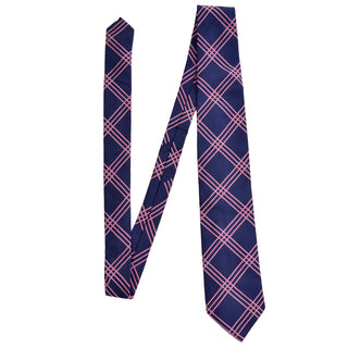 Vintage Burberry London blue silk necktie with pink plaid stripes