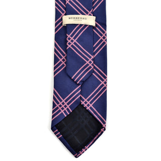 Men's Burberry London vintage blue silk tie with pink plaid stripes