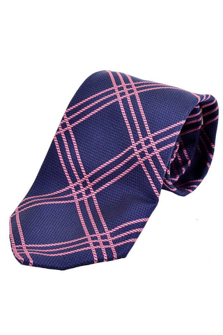 Burberry London vintage blue silk tie with pink plaid stripes