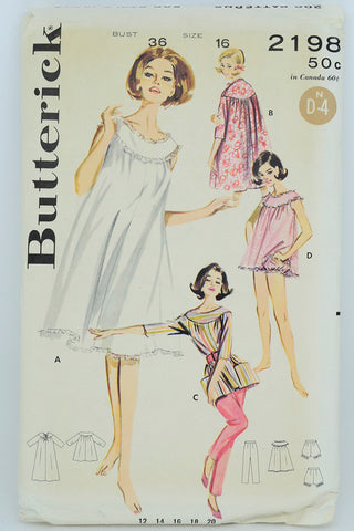 1962 Vintage Butterick 2198 Pattern for Lingerie Babydoll Nightgown & Bloomers PJs