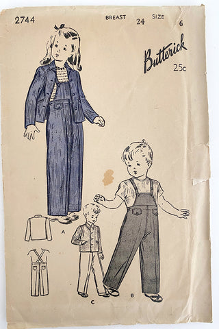 Butterick 2744 Vintage 1943 Sewing Pattern for Childrens Overalls & Jacket 1940s
