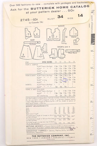 1963 Uncut Butterick 2745 Wrap Around Skirts Dress Shorts & Blouse Pattern