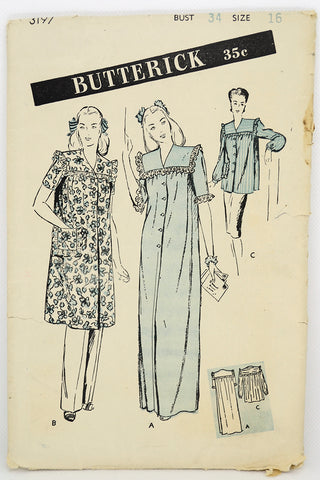 Uncut Butterick 3197 Vintage 1940s Brunch Coat Smock & Nightgown Pattern