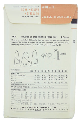 Vintage Butterick 5805 1951 Full Slip Lingerie Sewing Pattern