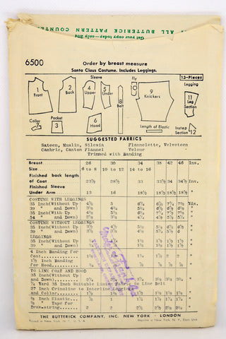 1940s Butterick 6500 Santa Claus Suit Costume Vintage Sewing Pattern rare