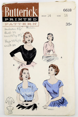 1953 Butterick 6618 Vintage Blouse Sewing Pattern 50s