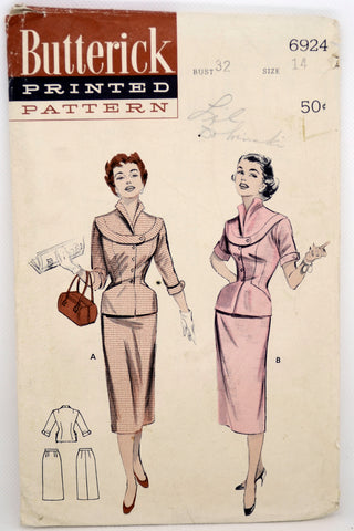 Vintage Butterick 6924 1950s Sewing Pattern