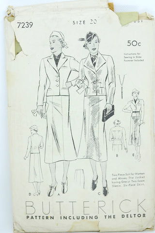 30s 1937 Vintage Butterick 7239 Womens Skirt Suit Sewing Pattern