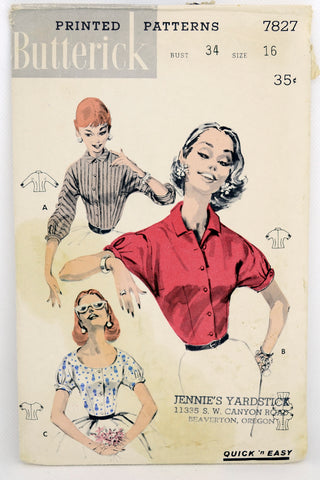 Butterick 7827 Vintage 1956 Blouse Sewing Pattern scoop or button neck