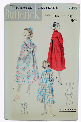 Uncut 1956 Butterick 7957 Duster Robe Vintage Sewing Pattern