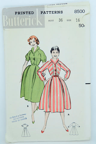 1950s Butterick 8500 Vintage Sewing Pattern for Shirtwaist Dress W Full Skirt 50s