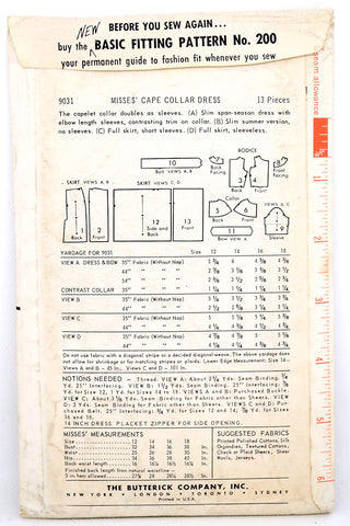 Uncut 1959 Butterick 9031 Dress W Portrait Collar Sewing Pattern 1950s