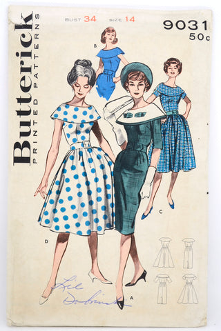 Uncut 1959 Butterick 9031 Dress W Portrait Collar Sewing Pattern Dresses