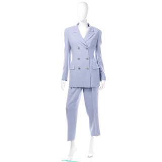 Vintage Calvin Klein Collection Periwinkle Blue Longline Blazer Jacket and Trousers Suit