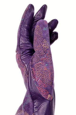 Carlos Falchi Pointilism Dot Painted Purple Leather Gloves
