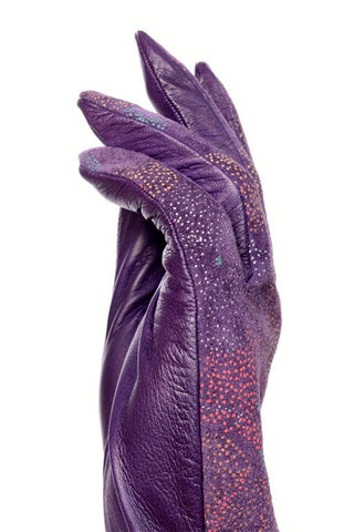 Carlos Falchi Hand Painted Opera Length Purple Leather Gloves