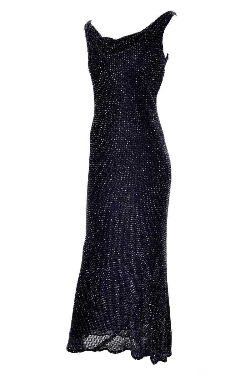 1990s Carmen Marc Valvo Black Beaded Evening Dress with Drop Neckline Size Small 1990s Carmen Marc Valvo Black Beaded Evening Dress with Drop Neckline Size Small