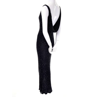 1990s Carmen Marc Valvo Black Beaded Evening Dress with Drop Neckline Size 4 - Dressing Vintage