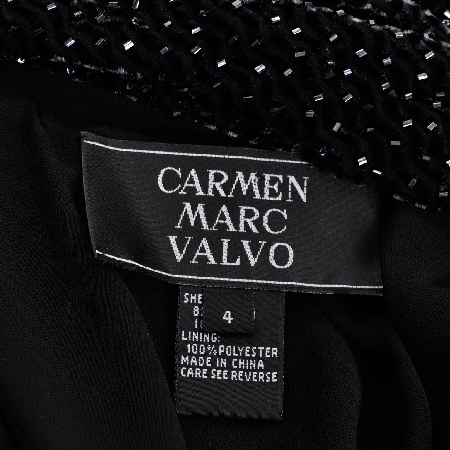 1990s Carmen Marc Valvo Black Beaded Evening Dress with Drop Neckline Size Small 1990s Carmen Marc Valvo Black Beaded Evening Dress with Drop Neckline Size Small