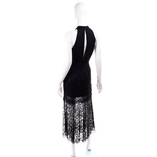 carmen marc valvo evening dresses Signature Vintage 90s Cocktail Black Lace Beaded Halter Dress sending light in myriad directions while focusing every eye on your every move.True to size Silk Long Dress