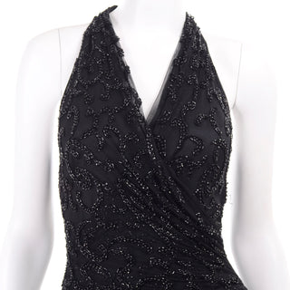 1990s Carmen Marc Valvo Vintage Black Beaded Evening Dress