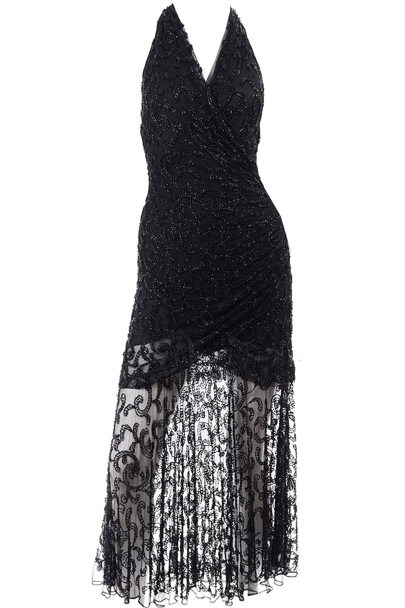 Carmen Marc Valvo 1990s Beaded Black Vintage Evening Dress Modig Carmen Marc Valvo 1990s Beaded Black Vintage Evening Dress Modig