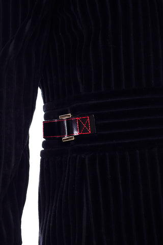 Carolina Herrera Black Ribbed Velvet Zip Front Coat contrast red on buckles