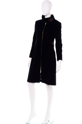 Carolina Herrera Black Ribbed Velvet Zip Front Coat 4 