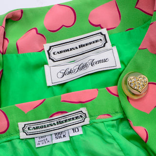 Carolina Herrera Novelty Heart Print Silk 2 Pc Dress Skirt Suit Saks