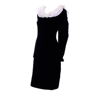 1990s Carolina Herrera 3Pc Black Velvet Ruffle Top Skirt & Pants Suit Deadstock $3250