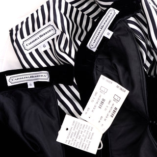 Carolina Herrera 3Pc Black Velvet Ruffle Top Skirt & Pants Suit Deadstock $3250 striped lining