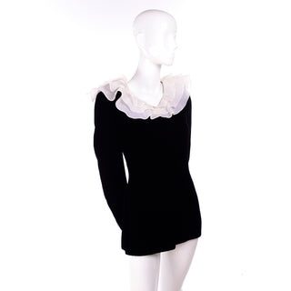 Carolina Herrera 3Pc Black Velvet top with White Organza Collar Skirt & Pants Suit Deadstock $3250 