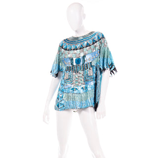 Vintage Blue Beaded Sequin Evening Top Silver