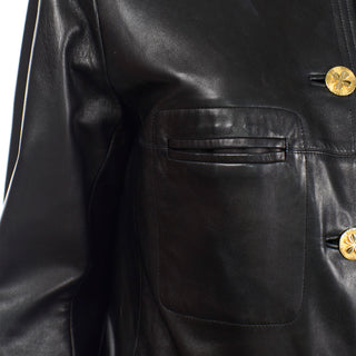 Vintage Chanel Black Leather Jacket With 4 Gold Leaf Clover Buttons soft