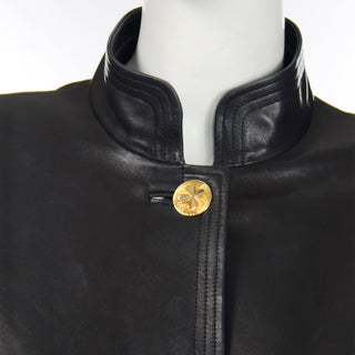 Vintage Chanel Black Leather Jacket With 4 Gold Leaf Clover Buttons & pockets