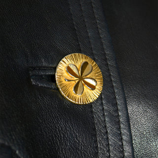 Vintage Chanel Black Leather Jacket With 4 Gold Leaf Clover Buttons & front pockets 