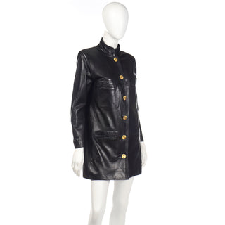 Vintage Chanel Black Leather Long Jacket With 4 Gold Leaf Clover Buttons