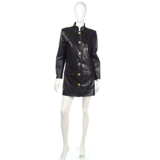 Vintage Chanel Black Leather Long line Jacket With 4 Gold Leaf Clover Buttons