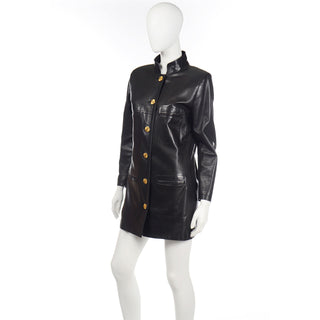 Long Vintage Chanel Black Leather Jacket With 4 Gold Leaf Clover Buttons
