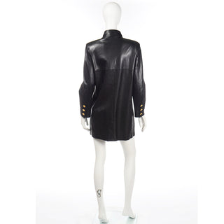 Vintage Chanel Black Leather Jacket With 4 Gold Leaf Clover Buttons and Mandarin collar