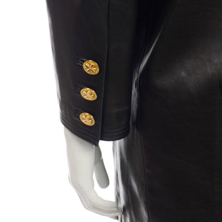 Vintage Chanel Black Leather Jacket With 4 Gold Leaf Clover Buttons fits 6-10