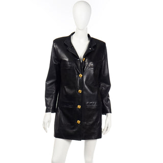 Vintage Chanel Black Leather Long Jacket W 4 Gold Leaf Clover Buttons