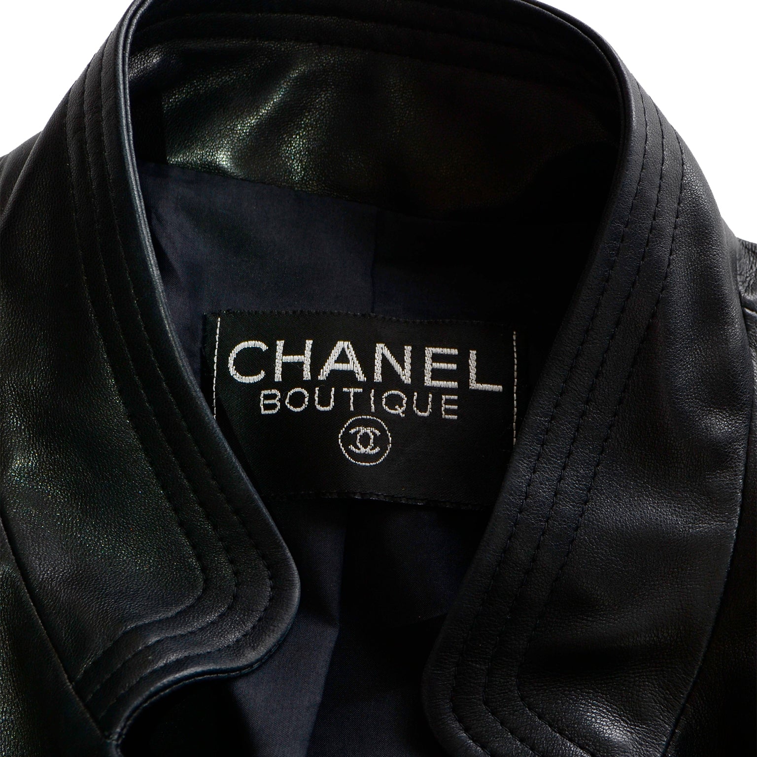 Vintage Chanel Black Leather Long Jacket With Mandarin Collar – Modig