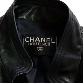 Vintage Chanel Black Leather Jacket With 4 Gold Leaf Clover Buttons guaranteed authentic
